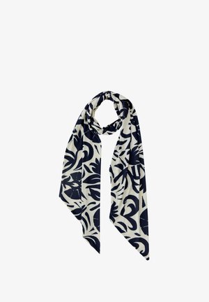 Weißer Schal mit kräftigen schwarzen Blumen- und abstrakten Mustern, locker geknotet mit langen Enden, die herabhängen.