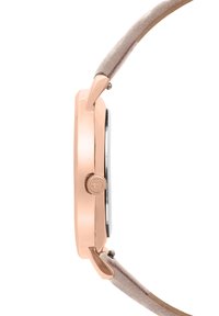 Roségoldene Uhr mit schlankem Profil, schwarzem Zifferblatt und einem hellgrauen Lederarmband mit subtiler Textur und minimalistischer Design.