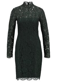 Robe en dentelle vert foncé avec de longues manches, col montant et ourlet festonné. Présente des motifs floraux et une silhouette ajustée.