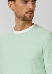 Man met een korte baard die een lichtgroene trui met ronde hals draagt over een wit T-shirt met ronde hals, kijkend naar de zijkant.