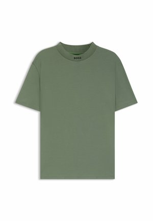 T-shirt à manches courtes vert olive uni avec col rond et petit logo "BOSS" imprimé à l'intérieur du col.