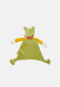 Green plush toy with a bear head, orange and yellow arms, and a knotted base. Features soft fabric and a simple design.