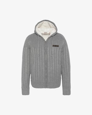 Grijze geribbelde gebreide zip-up hoodie met witte fleece voering en een "SCHOTT-NYC" patch op de borst.