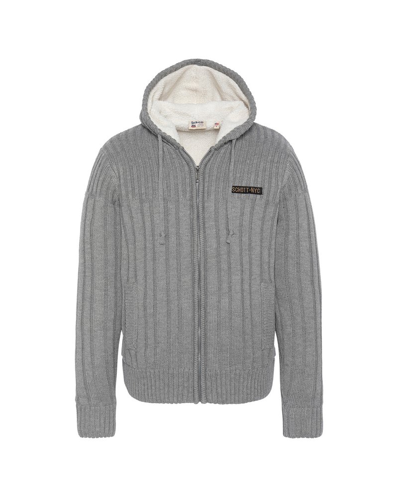 Felpa con zip grigia a costine e fodera in pile bianco, con patch "SCHOTT-NYC" sul petto.