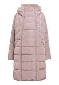Long mauve padded winter coat with high collar, two vertical front zippers, side zip pockets, and long sleeves.