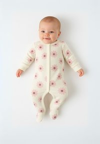Bodie crema para bebé con patrones florales en tonos rosa claro y rosa oscuro. Mangas largas con cremallera frontal y diseño con pies para una cobertura completa.