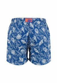 Pantaloni da bagno blu con un motivo bianco di foglie tropicali e conchiglie, vita elastica e tasca posteriore con chiusura a scatto.
