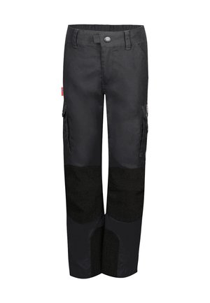Black cargo pants with a sturdy design, featuring two side pockets, mesh panels at the knees, and a button closure at the waist.