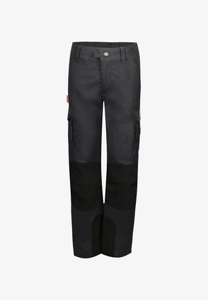 Schwarze Cargo-Hosen mit robustem Design, ausgestattet mit zwei Seitentaschen, Netzpaneelen an den Knien und einem Knopfverschluss an der Taille.