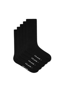 Schwarze Baumwollsocken, fünf in einem Pack. Merkmale sind eine glatte Textur und gerippte Bündchen. Jeder Socke hat "FRANK" in Weiß seitlich aufgedruckt.