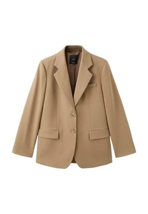 Bež sakoi krojen od glatkog tkanja, s reverom s urezom, dva prednja džepa i dva gumba, sa strukturiranim oblikom.