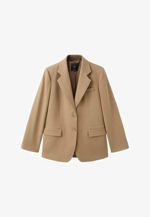 Bež sakoi krojen od glatkog tkanja, s reverom s urezom, dva prednja džepa i dva gumba, sa strukturiranim oblikom.