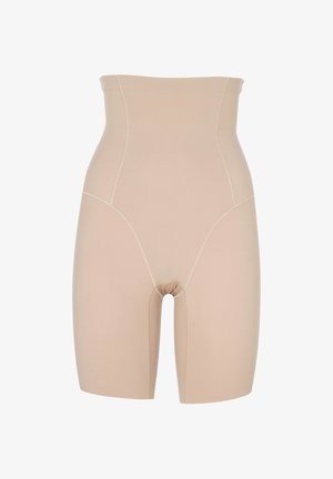 Shorts modellanti beige a vita alta, con lunghezza a metà coscia e cuciture rinforzate per rimodellare il corpo e offrire supporto.
