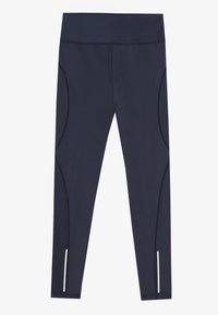 Navy athletic leggings made from stretchy fabric; features seam detailing, side panel accents, and reflective strip at hem.