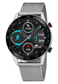 Montre intelligente ronde avec un cadran noir, bracelet en maille argentée, affichage numérique montrant les étapes, la fréquence cardiaque et la date. Comprend un bouton sur le côté de couleur rouge.