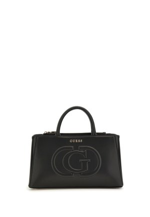 Borsa a mano in pelle nera con dettaglio logo in rilievo, manici superiori e chiusura a zip. Texture liscia, forma strutturata e accenti in hardware color oro.