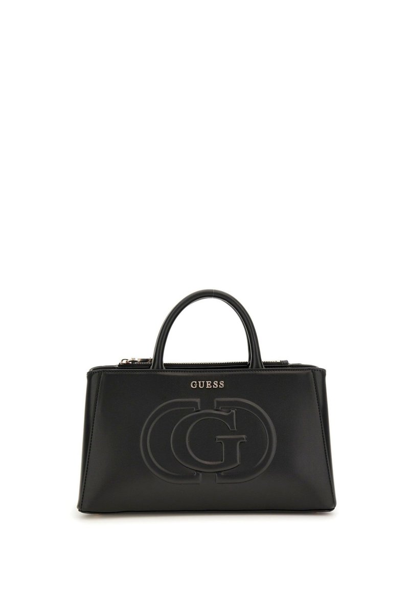Borsa a mano in pelle nera con dettaglio logo in rilievo, manici superiori e chiusura a zip. Texture liscia, forma strutturata e accenti in hardware color oro.