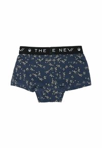 Tummansinisiä bokserikalsareita, joissa on valkoisia ja vaaleanpunaisia kukkia. Varustettu mustalla elastisella vyötärönauhalla, jossa on valkoisin kirjaimin teksti "THE NEW".