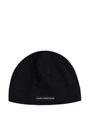 Black fleece beanie hat with a folded edge and a rectangular "Alpha Industries" label on the front center.