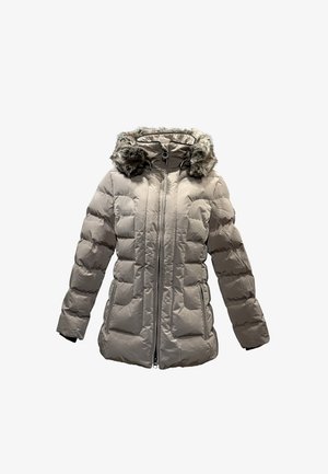 Puffer jacket in light gray with a faux fur-trimmed hood, quilted design, zippered front, and two side pockets. Textured materials add warmth.