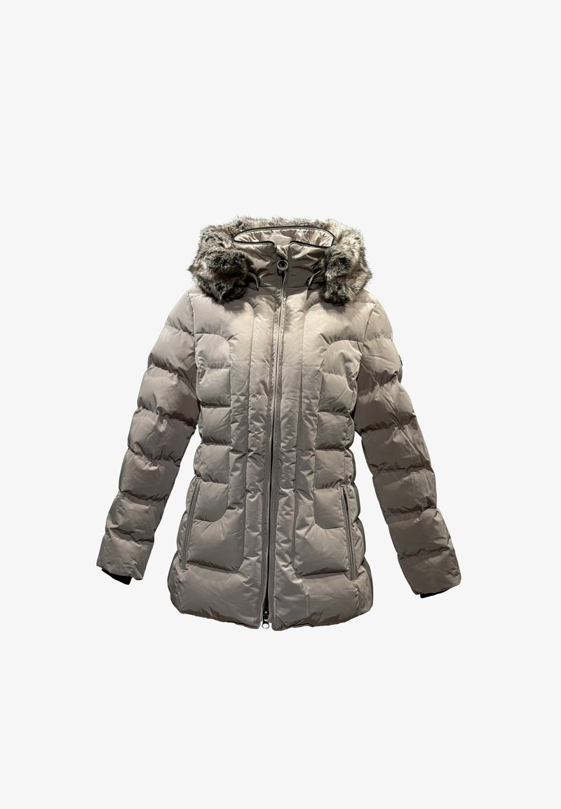 Puffer jacket in light gray with a faux fur-trimmed hood, quilted design, zippered front, and two side pockets. Textured materials add warmth.