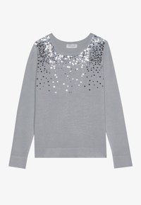 Maglione a maniche lunghe grigio chiaro con un motivo di paillettes sulla parte superiore anteriore, scollo rotondo e polsini e orlo a coste.