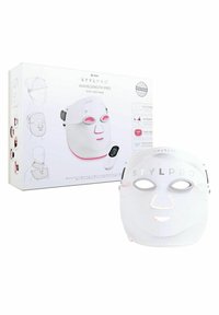 Biała maska LED na twarz z różowymi akcentami, posiadająca otwory na oczy i teksturowany wzór. Zawiera pilot do obsługi. Pakowane w pudełku.