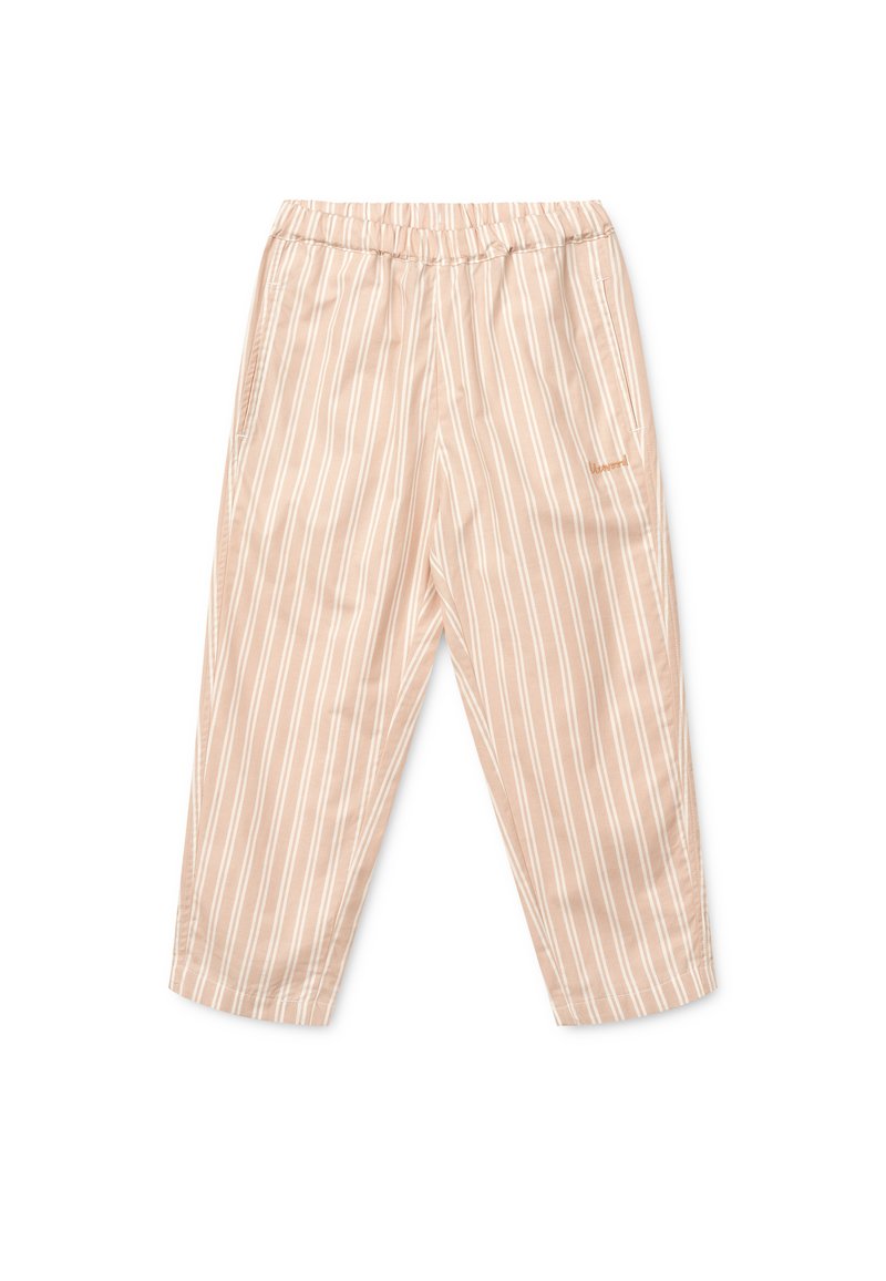 Beige stripete bukser laget av lett materiale. Har elastisk midjebånd og to sidelommer. Subtil logo detalj på siden.