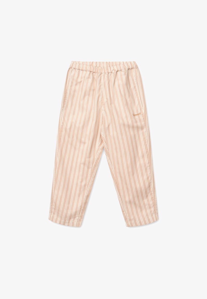 Beige stripete bukser laget av lett materiale. Har elastisk midjebånd og to sidelommer. Subtil logo detalj på siden.
