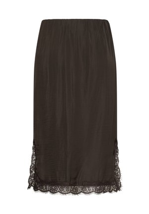Black satin midi skirt with elastic waistband and delicate lace trim along the hem, straight cut.