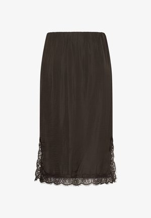Fustă midi din satin negru cu talie elastică și margine delicată din dantelă pe tiv, croială dreaptă.
