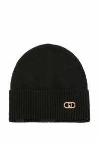 Czarna dziergana czapka z ribbowanym mankietem, z złotym logo na boku. Tekstura jest miękka, zapewniając ciepło i komfort.