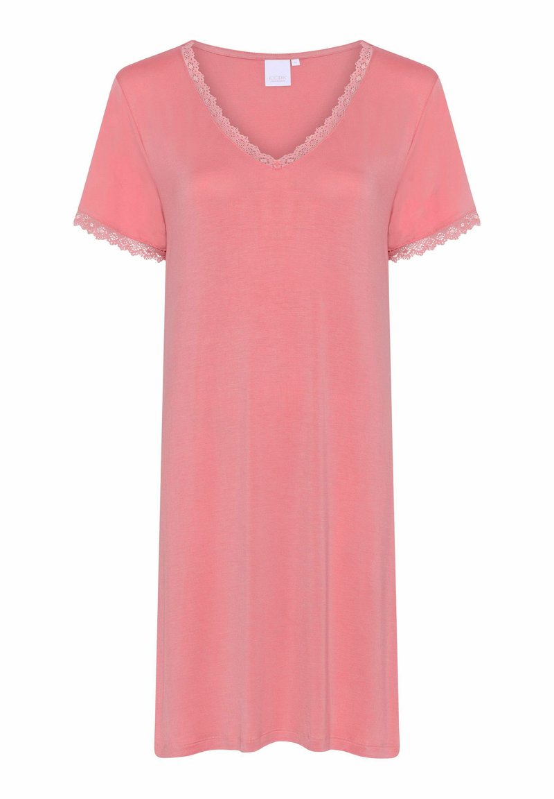 Abito da notte rosa con maniche corte, scollatura a V e pizzo lungo le maniche e il colletto, realizzato in tessuto morbido per il massimo comfort.