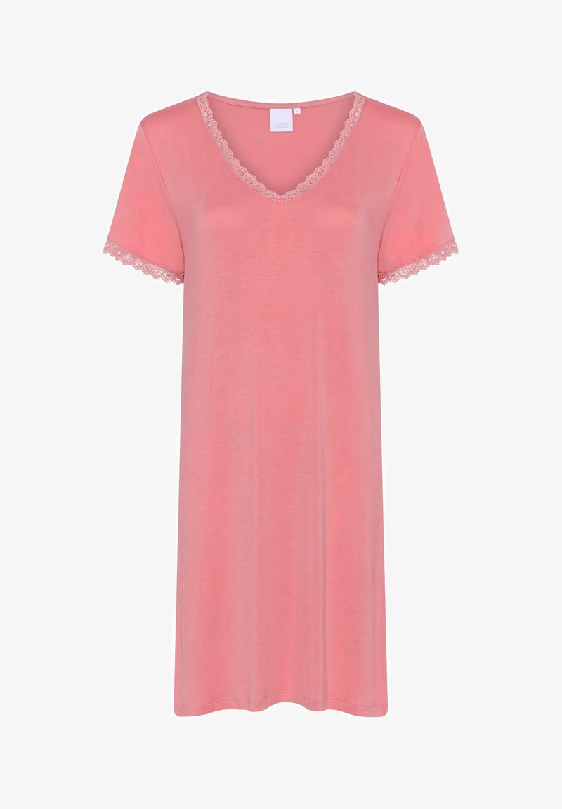 Roze nachthemd met korte mouwen, V-hals en kantafwerking op de mouwen en de halslijn, gemaakt van zachte stof voor comfort.