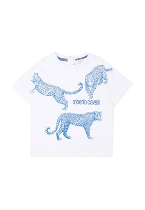 Camicia bianca a maniche corte con tre illustrazioni di leopardi blu e la scritta "roberto cavalli" sul davanti.