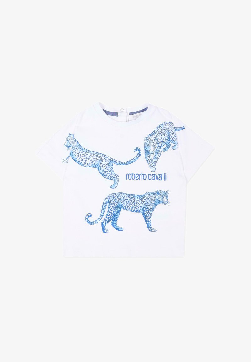 Chemise blanche à manches courtes avec trois illustrations de léopards bleus et le texte « roberto cavalli » sur le devant.