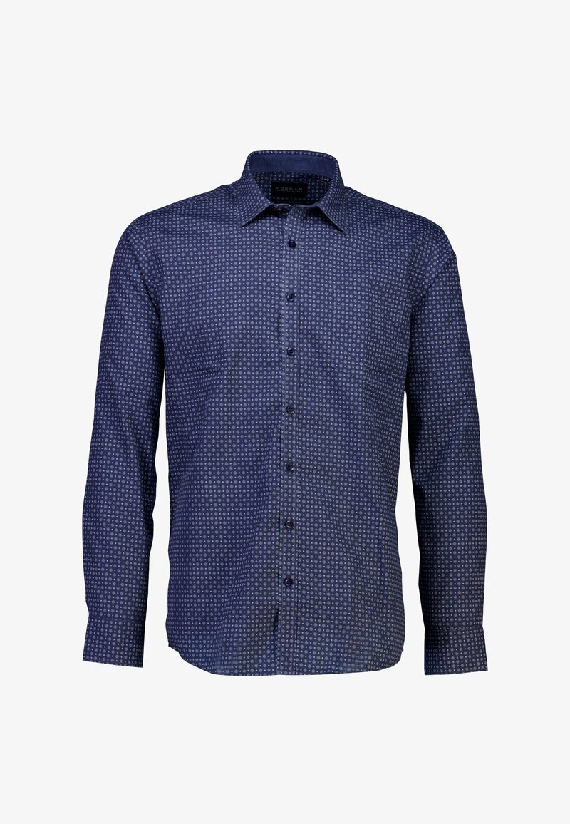 Donkerblauwe lange mouw button-up shirt met een geometrisch patroon in lichterblauw. Beschikt over een kraag en een knoopsluiting aan de voorkant.
