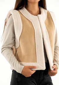 Chaleco de ante sintético beige con un forro de sherpa crema texturizado. Presenta un escote redondo y abertura frontal, con una sensación suave y acogedora.