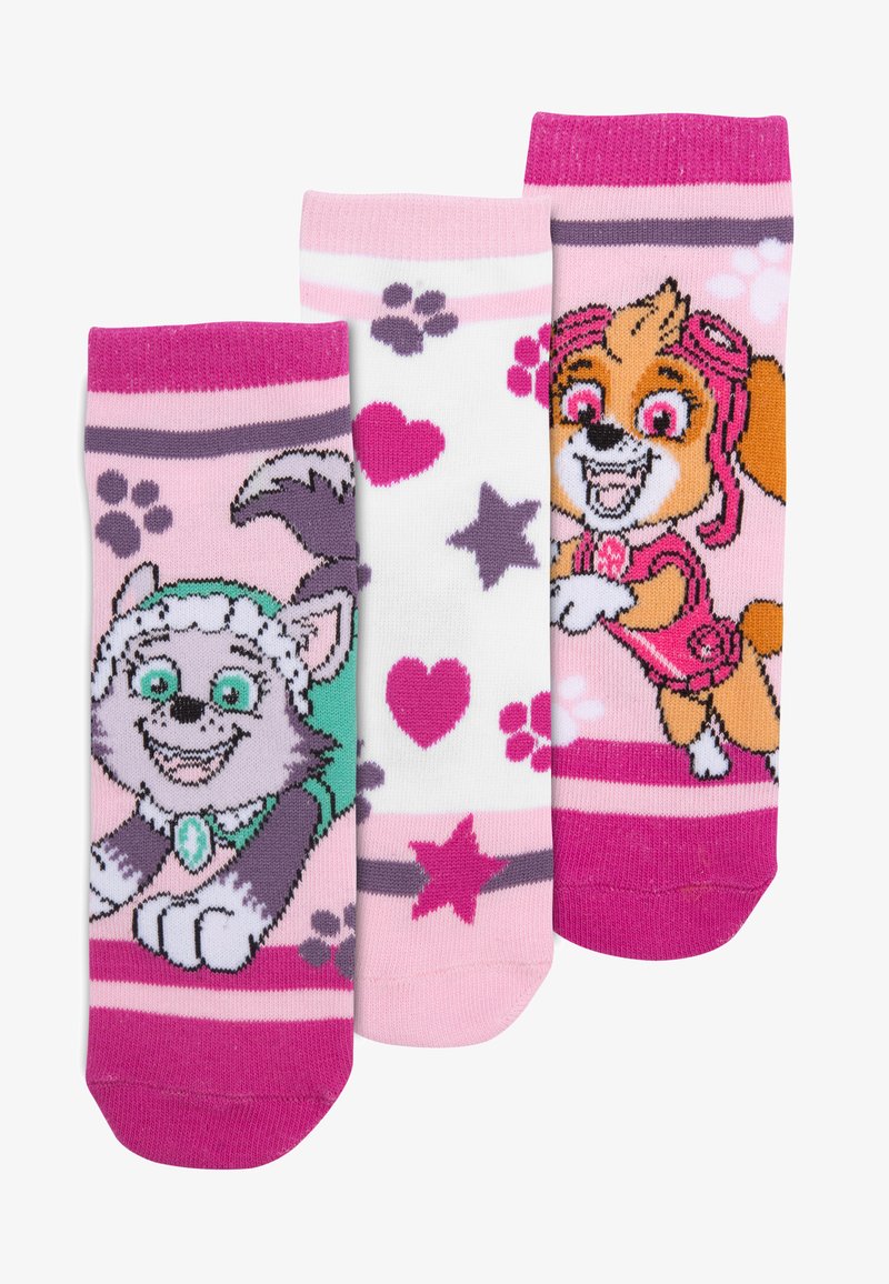 Tre paia di calzini in tonalità di rosa. Uno presenta un lupo cartone, un altro ha cuori e stelle, e il terzo mostra un cane cartone. Materiale misto cotone.
