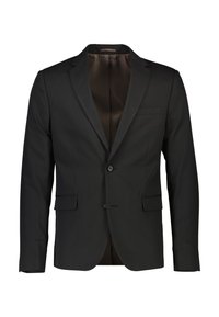 Zwarte formele blazer, enkellaags, gemaakt van gladde stof. Heeft een revers met inkeping, twee zakken aan de voorkant en een bruine satijnen voering.