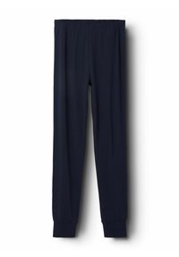 Pantaloni di un blu navy scuro realizzati in un tessuto morbido e leggero. Hanno una vita elastica e orli a gamba affusolata. Texture liscia, senza motivi o dettagli visibili.