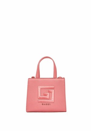 Borsa a mano in pelle rosa con due manici e un logo geometrico in rilievo sopra il nome del marchio "GAUDÌ" sul davanti.