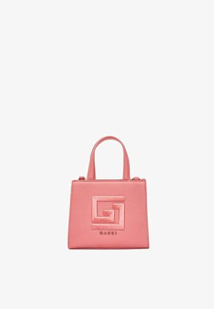 Borsa a mano in pelle rosa con due manici e un logo geometrico in rilievo sopra il nome del marchio "GAUDÌ" sul davanti.