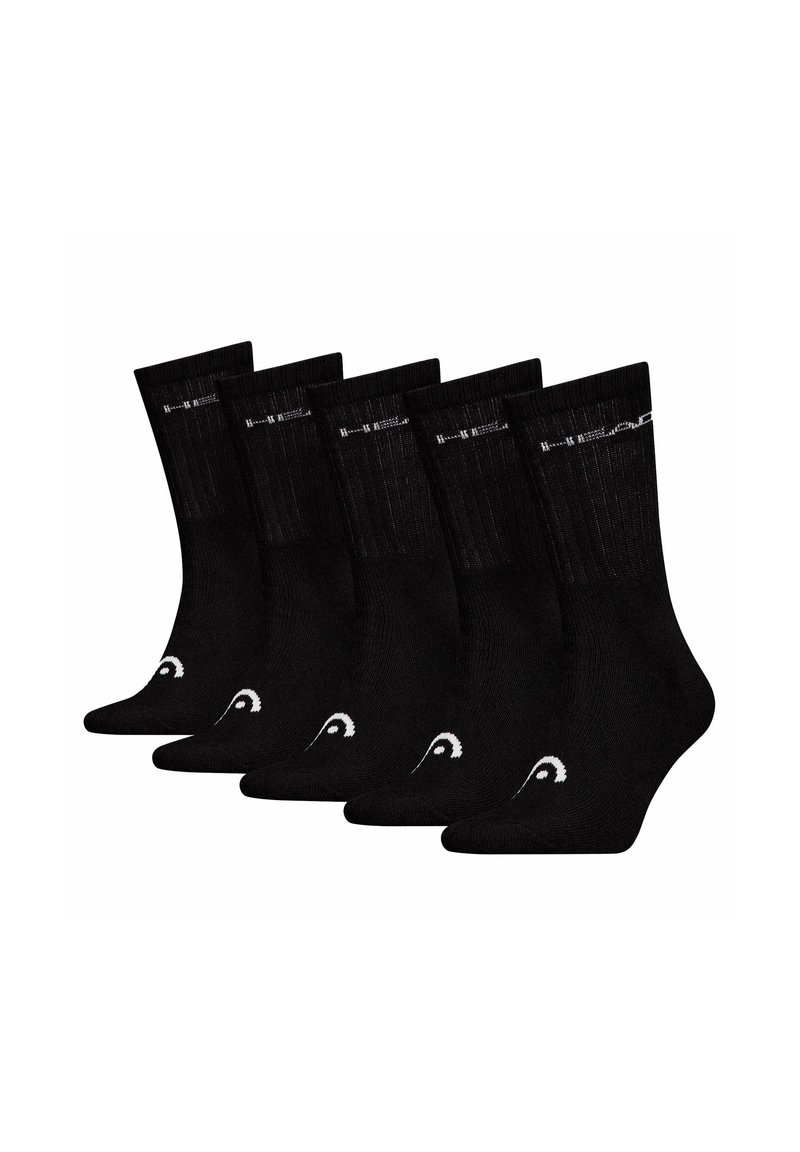 Chaussettes en coton noires, paquet de cinq. Longueur mi-mollet avec texture côtelée et détail logo blanc sur le côté. Design classique et simple.