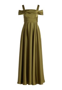 Olivengrünes bodenlanges Kleid mit schulterfreien Ärmeln, plissiertem Oberteil und fließendem Rock aus glattem Stoff.