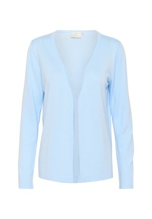 Light blue long-sleeve cardigan made of soft knitted fabric. Features a deep V-neckline and open front design without buttons or closures.