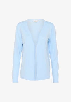 Lichtblauwe lange mouwen cardigan van zacht gebreid materiaal. Heeft een diepe V-halslijn en een open voorkant zonder knopen of sluitingen.