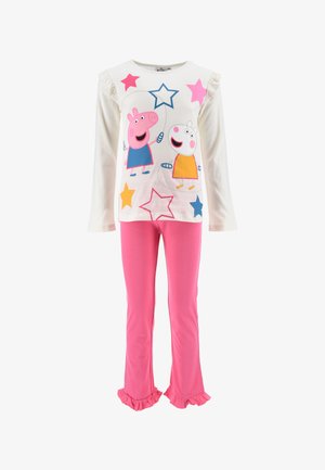 Children's pajama set with a white long-sleeve top featuring Peppa Pig graphics and pink pants with ruffled cuffs. Stars in various colors.