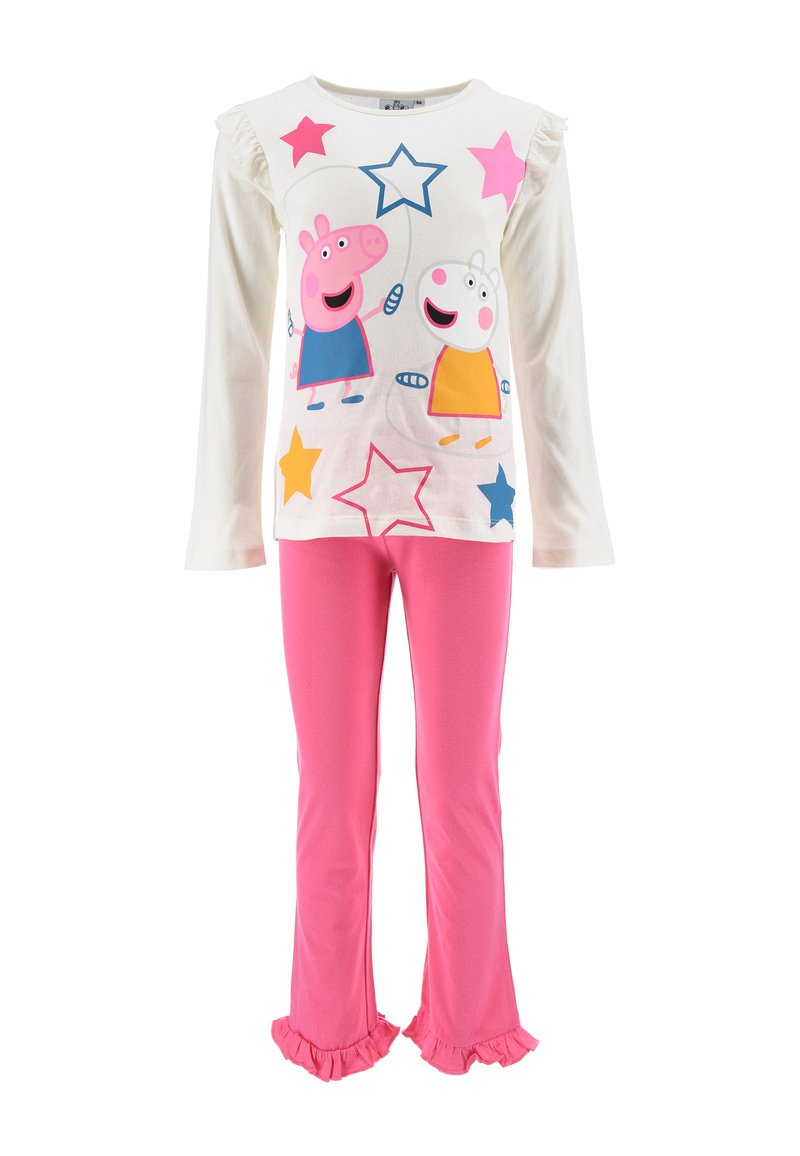 Children's pajama set with a white long-sleeve top featuring Peppa Pig graphics and pink pants with ruffled cuffs. Stars in various colors.
