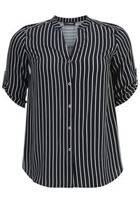 Schwarz-weiß gestreifte Bluse mit V-Ausschnitt, kurzen aufgerollten �Ärmeln und Knopfleiste vorne. Hergestellt aus einem leichten Stoff.